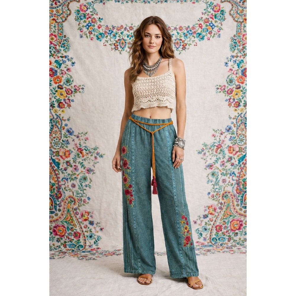 NWT Avani Embroidered Lace Boho Hippie Gypsy Chic Blue Floral Tassel Pants Small